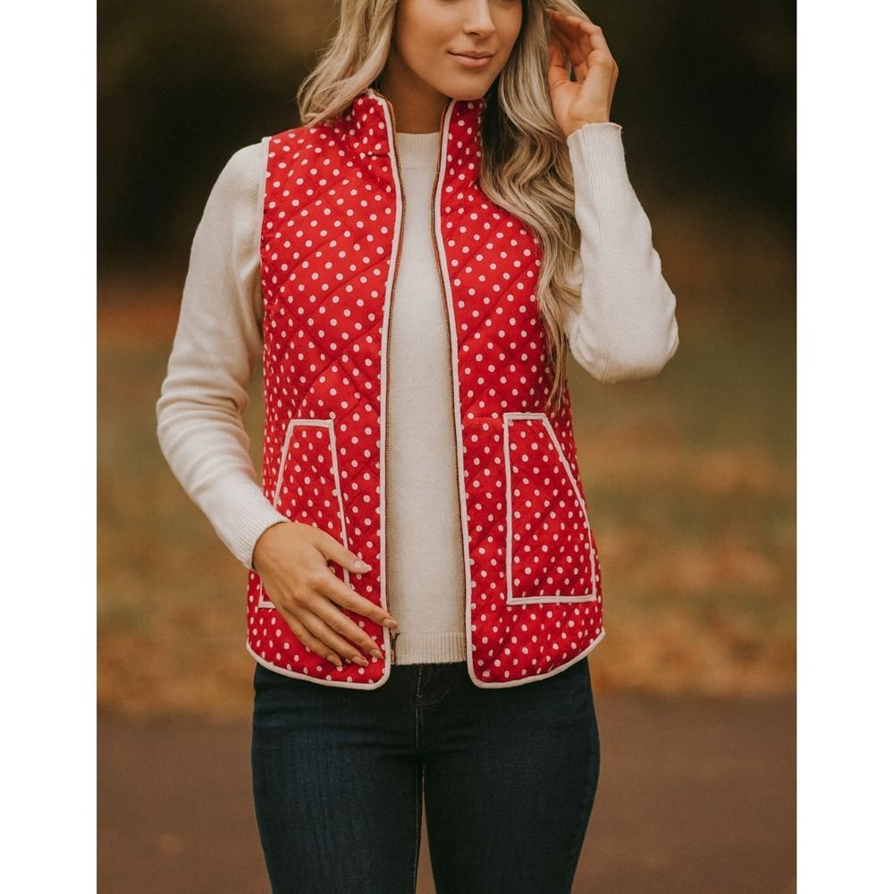 AND Womens Pink 100% Cotton Poladot Full Zip Puffer Vest W Pockets sz S Feminine
